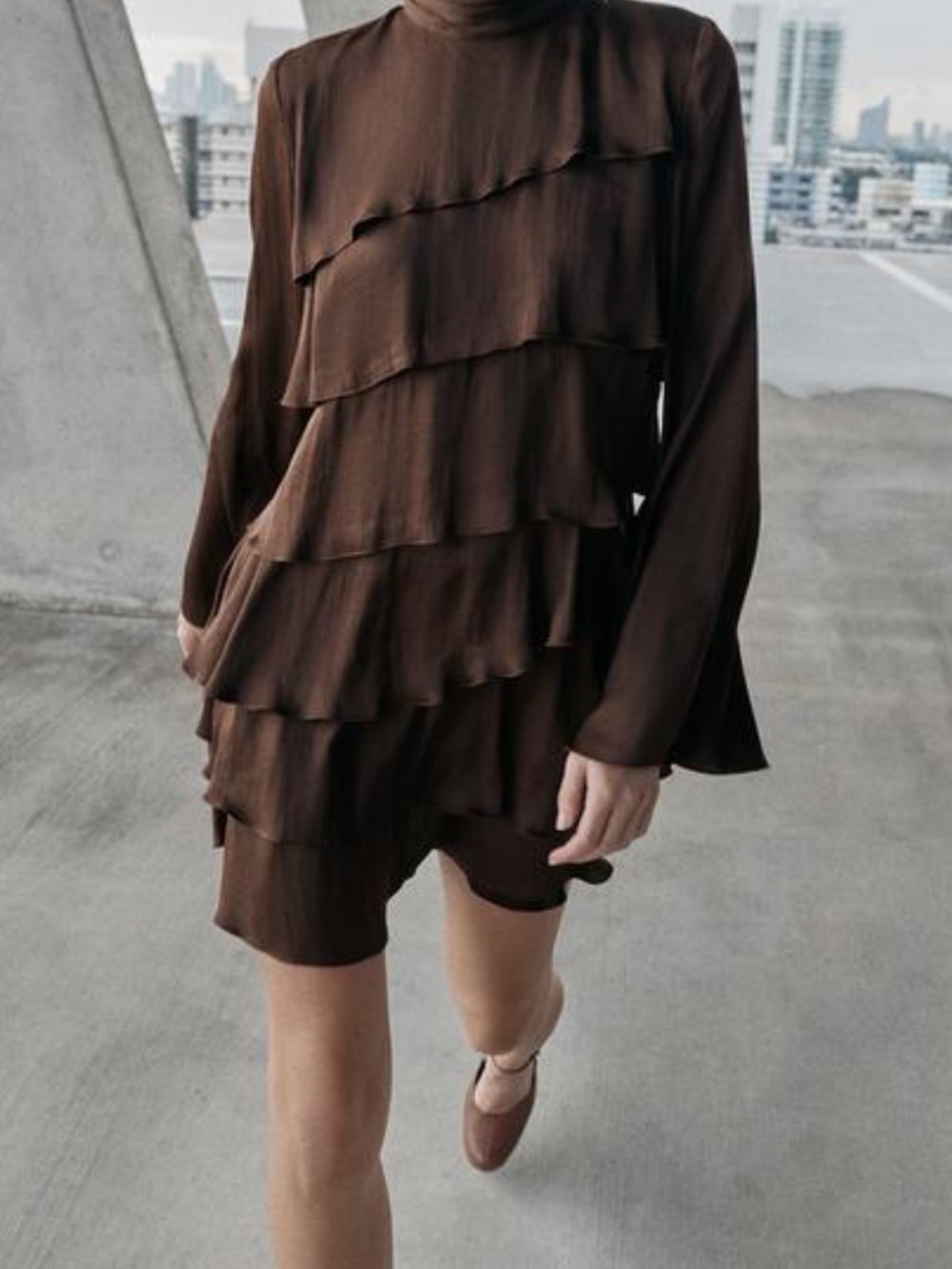 Zara Chocolate Brown Tiered Ruffle Long-Sleeve Dress